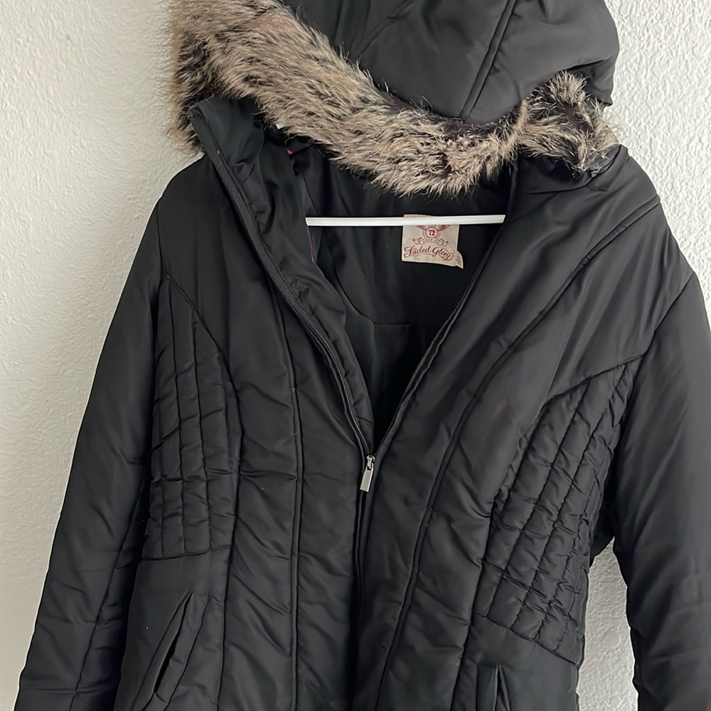black puffer jacket with faux fur hood